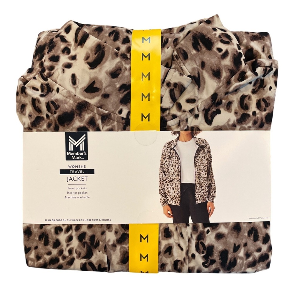 Member's Mark Travel Jacket Womens Medium Leopard NWT‎ Full Zip Spandex Stretch